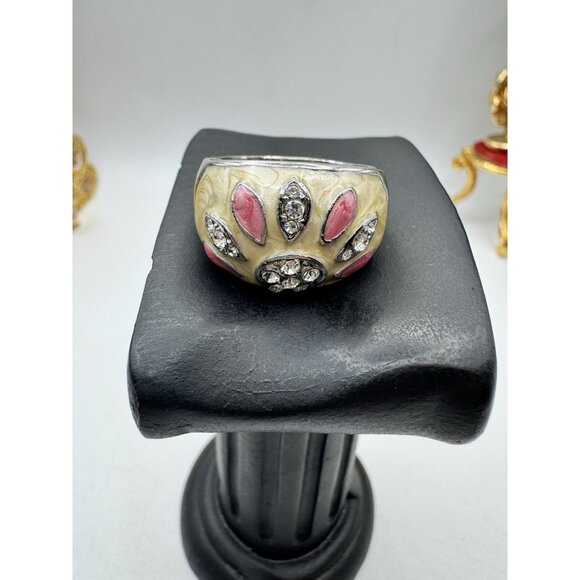 Pretty Costume Jewelry Ring Silver Tone And Enamel Whit Rhinestone  Ring Sz 10 - Picture 10 of 12